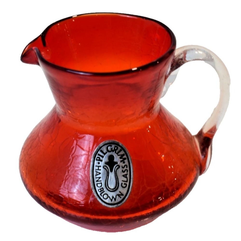 Red 3” Sandwich Glass Pitcher Miniature by Pilgrim Glass, Red Crackle Glass